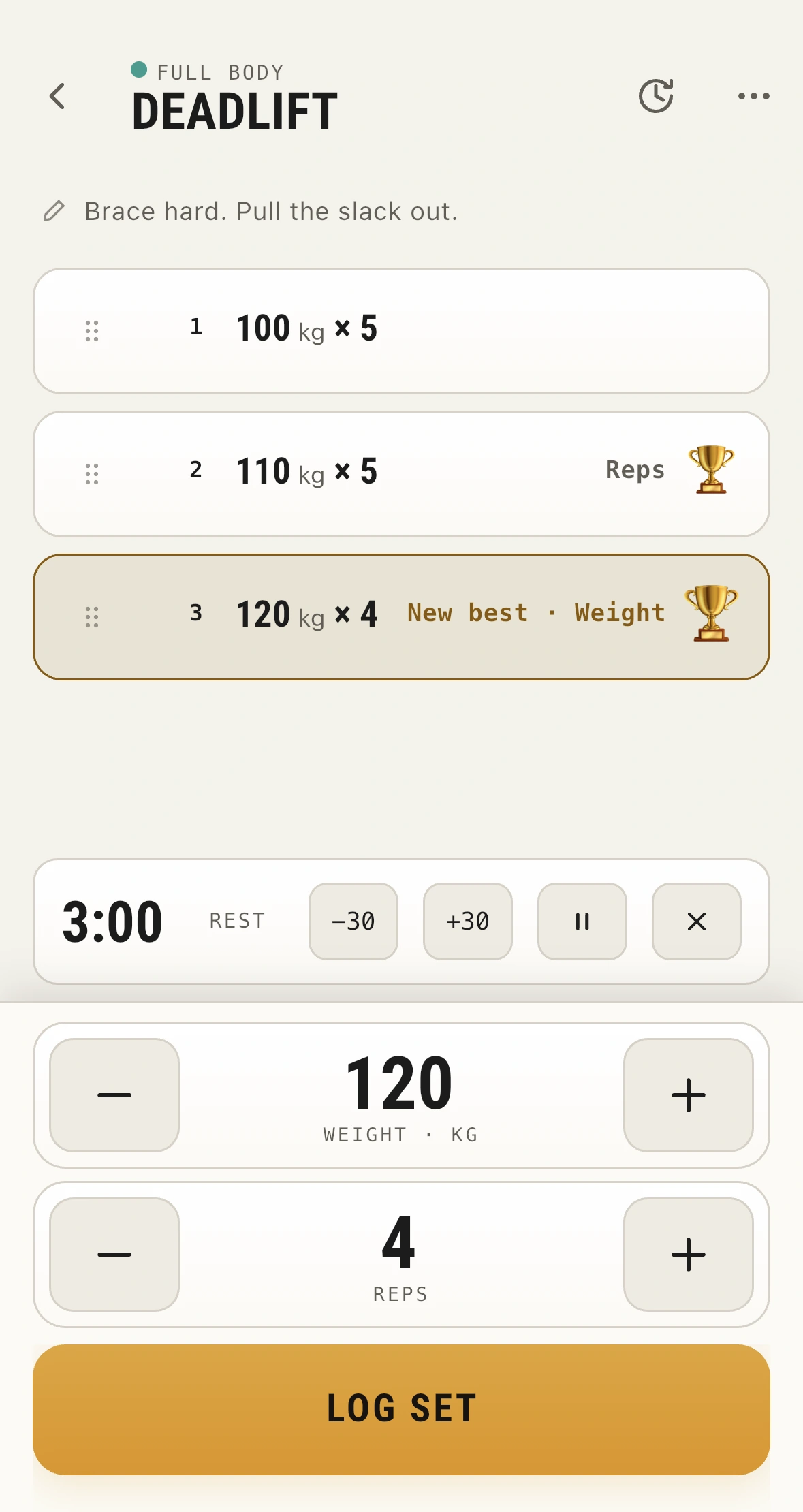 LiftJot logging three deadlift sets, with a running rest timer, prefilled next-set values, and a new weight best